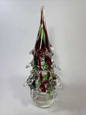 Vtg Hand Blown Art Glass Christmas Tree 10” Green & Red Paperweight Figurine L2
